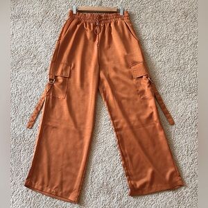 Burnt Orange Satin High-Waisted Cargo Pants